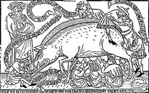 Ein Flugblatt (Holzstich von 1470) zeigt, wie Juden - erkennbar an ihren spitzen Judenhten mit dem Knauf - nicht nur an den Zitzen eines Schweins saugen, sondern auch dessen Kot und Erbrochenes zu sich nehmen.